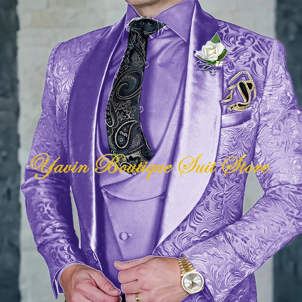 Jacquard Mens 3-piece Suit Set Floral Pattern Party Dress Formal Grooms Tuxedo Elegant Mens Blazer Customized Outfit 250517