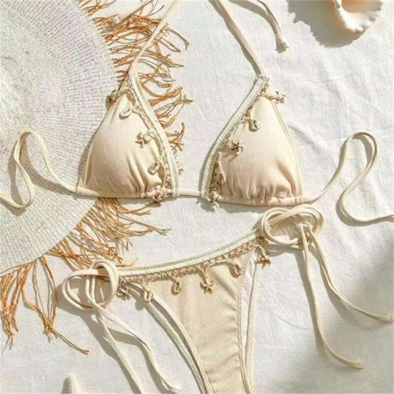 DHEssentials Shell Embellished Lace Bikini Set Sexy 3 Piece Triangle Swimsuit with Split Thong Bottom Beachwear for Women