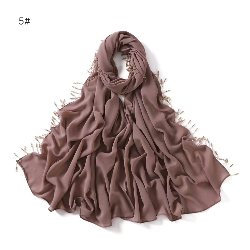 T769 chiffon long scarf monochrome pearl chiffon heavy hanging beads handmade beaded headscarf scarf shawl cover