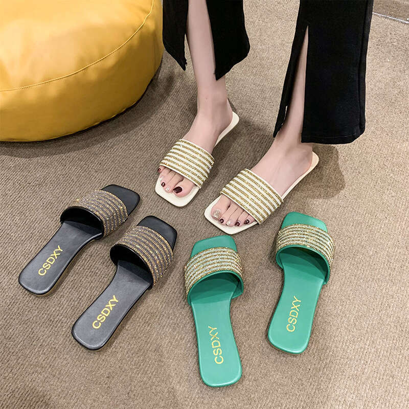 Flat Bottomed Fashionable And Comfortable Slippers For 2025 Small Sandals With Sparkling Diamond Letters Outdoor Versatile And Casual Height Increasin