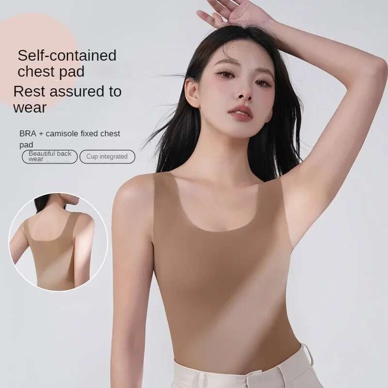 2PCS/Lot Silk Seamless Tank with Fixed Chest Pad Women's Camisole Top Sleeveless Inner Outerwear Camison Verano High Strecth