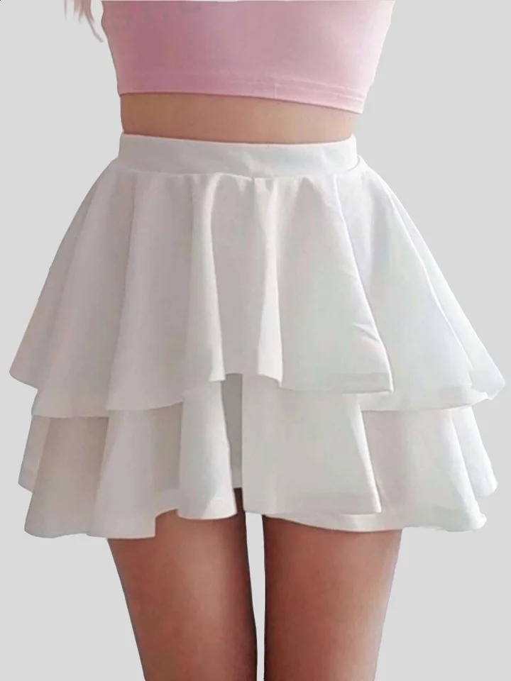 Womens elegant solid color high waist double ruffle hem Aline mini skirt spring summer 250513Z