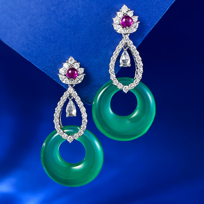 925 Sterling Silver Green Agate Earrings with Ruby and Diamond Accents - Elegant, Luxury Jewelry for Special Occasions
