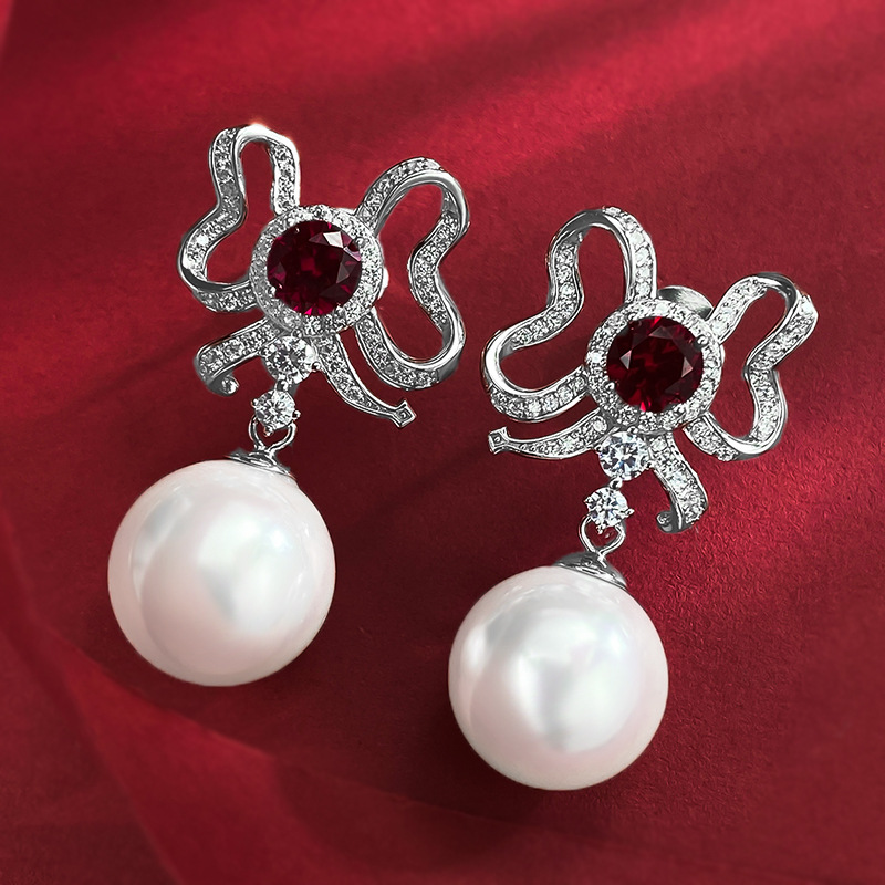 Elegant 925 Sterling Silver Butterfly Bow Earrings with Red and Blue Sapphires and 13mm Pearl Drop for Women