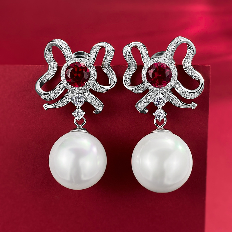 Elegant 925 Sterling Silver Butterfly Bow Earrings with Red and Blue Sapphires and 13mm Pearl Drop for Women