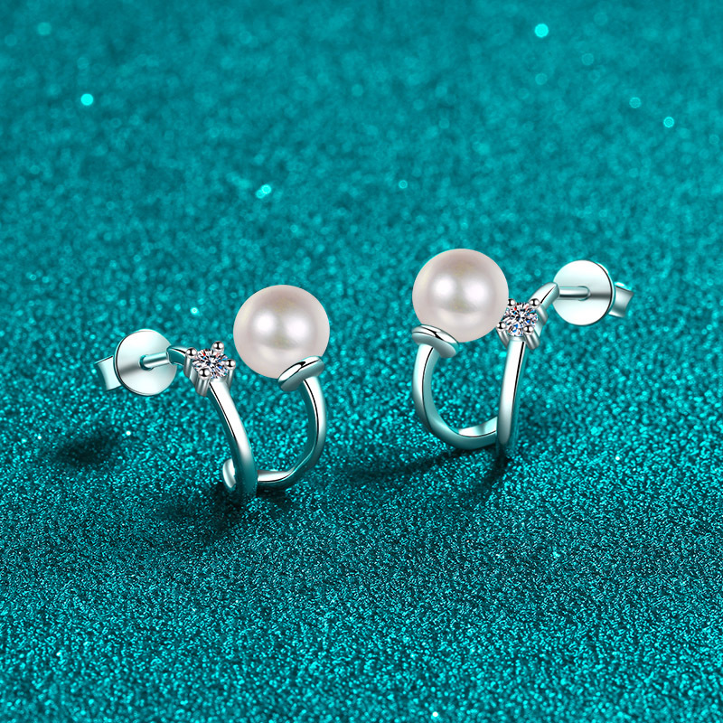 925 Sterling Silver U-Shaped Earrings with Moissanite and Freshwater Pearl, PT950 Gold-Plated Jewelry