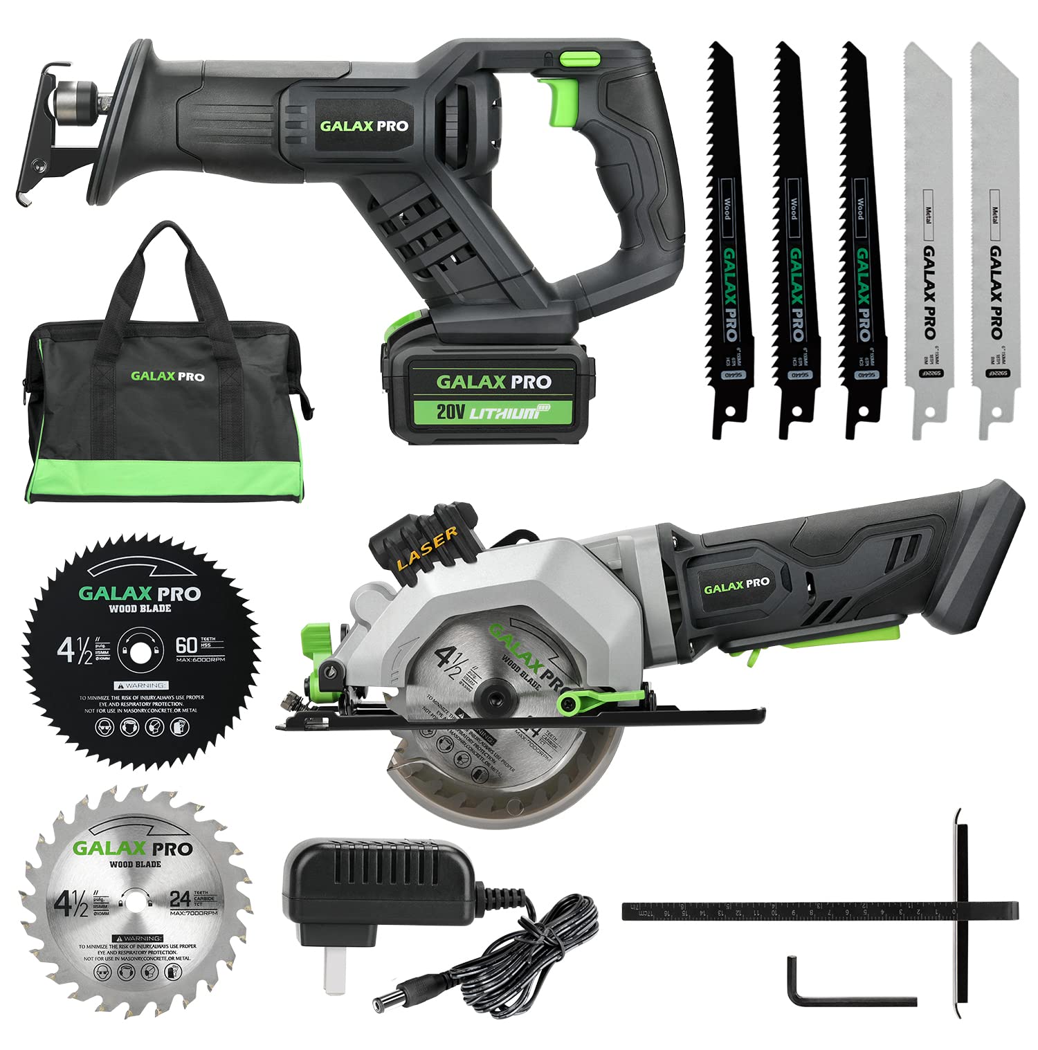 GALAX PRO Cordless Circular and Reciprocating Saw Combo Kit with 1pcs 4.0Ah Lithium Battery and One Charger 7 Saw Blades and Tool Bag