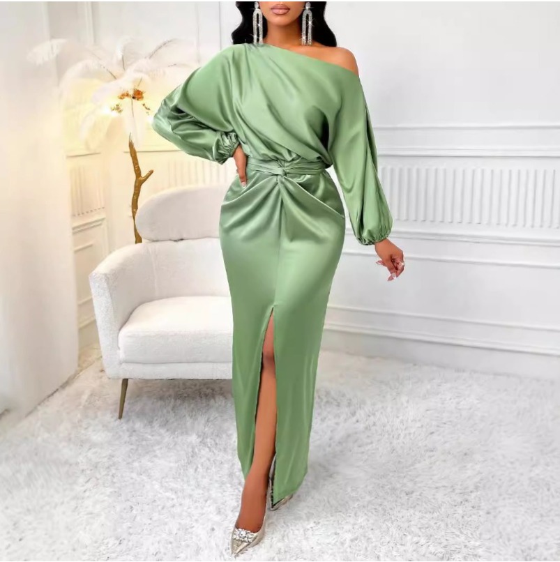 (697) New European and American Autumn Solid Color Hip Cover Sexy Dress