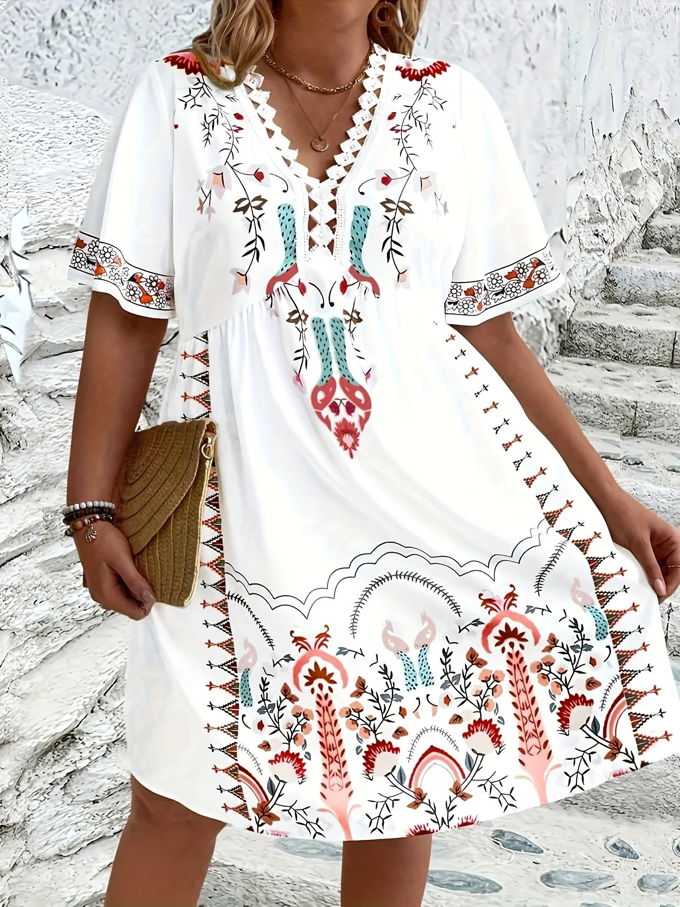 Plus Size Womens Geometric Print V-Neck Polyester Dress Resort Style Slightly Stretch Fabric All Season Wear Unlined 250520