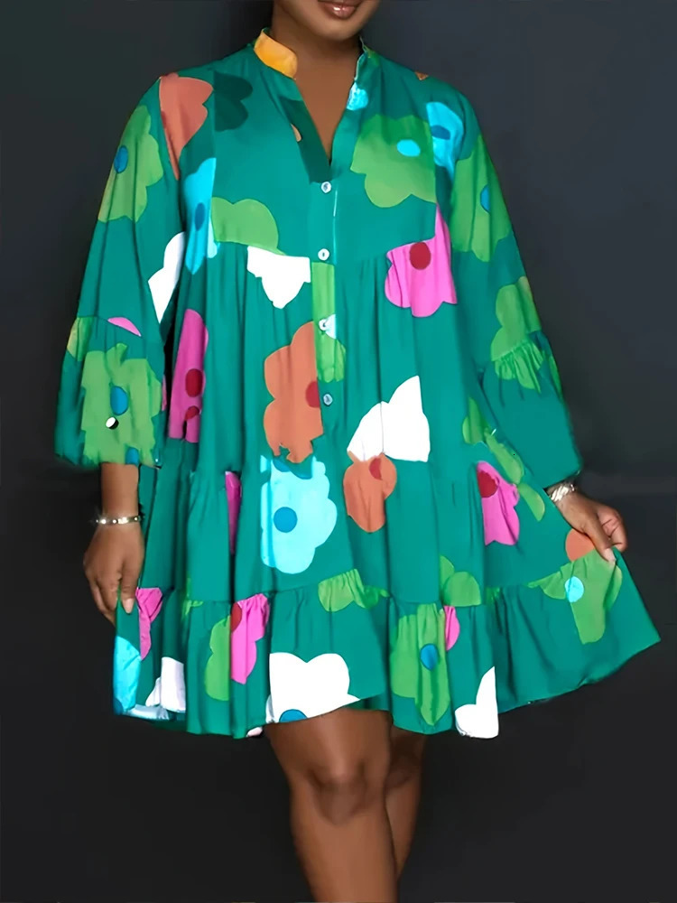 Plus Size Autumn Floral Printed Womens Dresses Casual Loose Button Fashion Streetwear Polyester V-Neck Pleated Dresses 250520