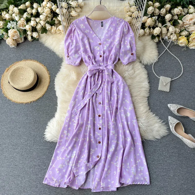 Silk Short Sleeve Dress Women's Waist Belt Slimming Youthful Large Swing Long Skirt V-neck Ankle-length Polyester Fiber