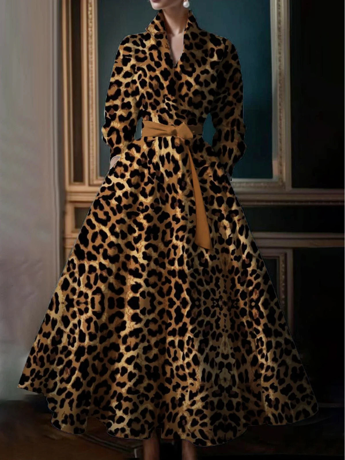 Fashion Retro Boho Leopard Pattern Womens Big Size Dress High Street Standing Collar Loose Big Swing Shirt Dresses 250519