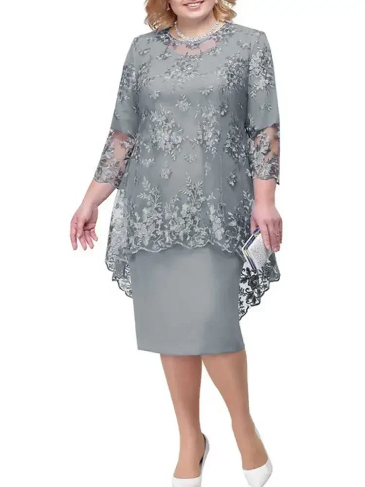Women Plus Size Dress O-neck Midi Loose Dress M-5XL Lady Evening Lace Mesh Sexy Elegant Dress Female Clothing Summer Autumn 250520