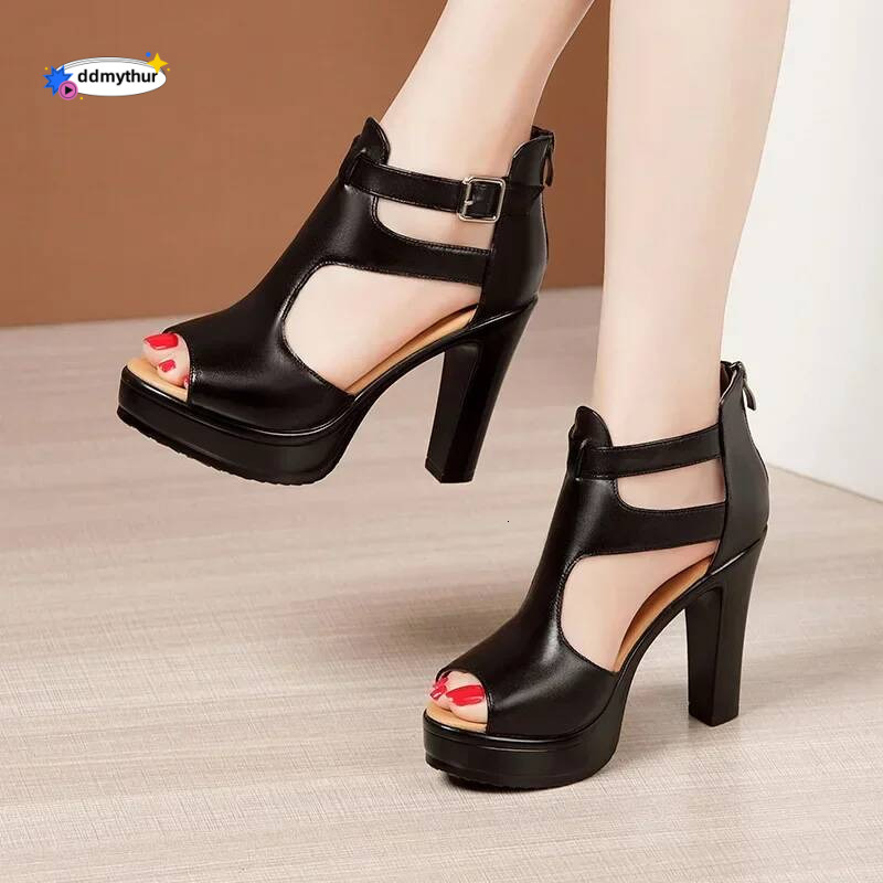 10cm Small Size 32-43 Elegant Leather Shoes Woman Block High Heels Platform 2025 Summer Gladiator Sandals Office Model ddmythur