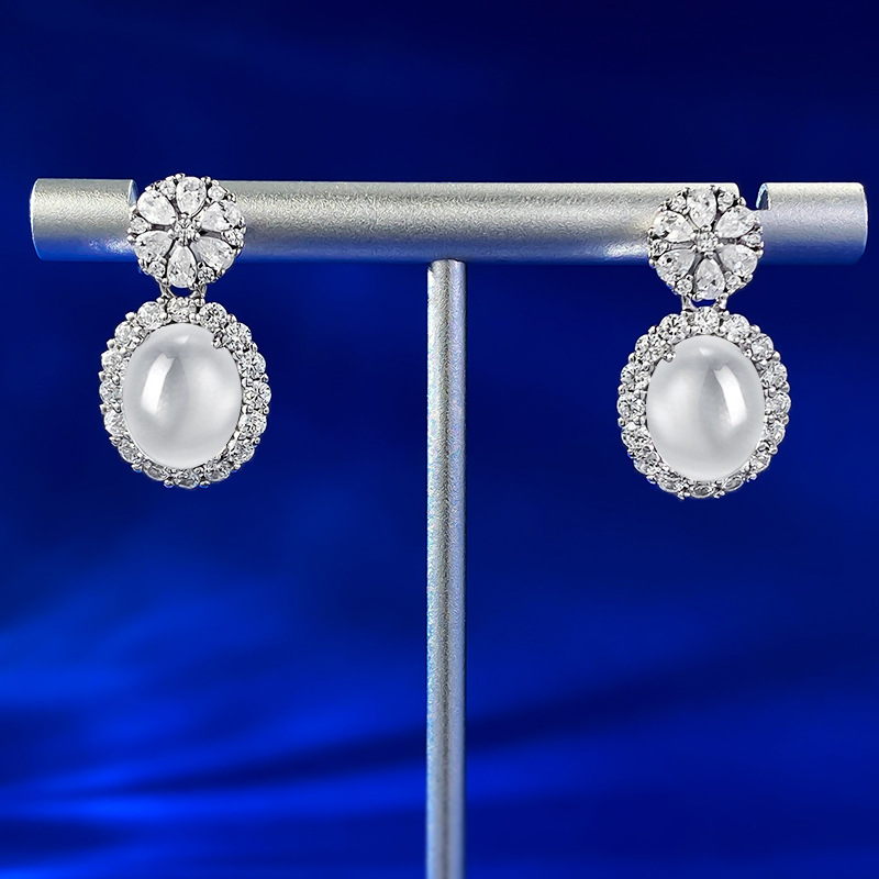 Exquisite S925 Sterling Silver Glass Pearl Earrings with Full-Cubic Zirconia Embellishment, Perfect for Brides and Special Occasions
