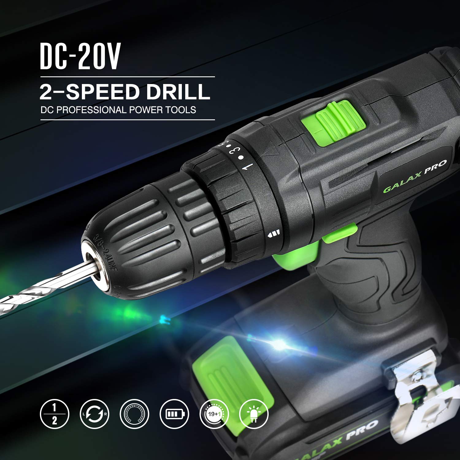 GALAX PRO 20V 2-speeds Cordless Drill Driver and Impact Driver Combo Kit, 1pcs 1.3Ah Lithium-Ion Batterie, Charger Kit, 11pcs Accessories and Tool Bag