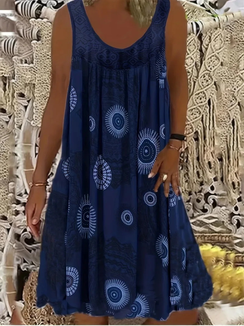 Plus Size 1XL-8XL Womens Sleeveless Dress Lace Panel Printing Sleeveless Large Hem Vest Dress 250520