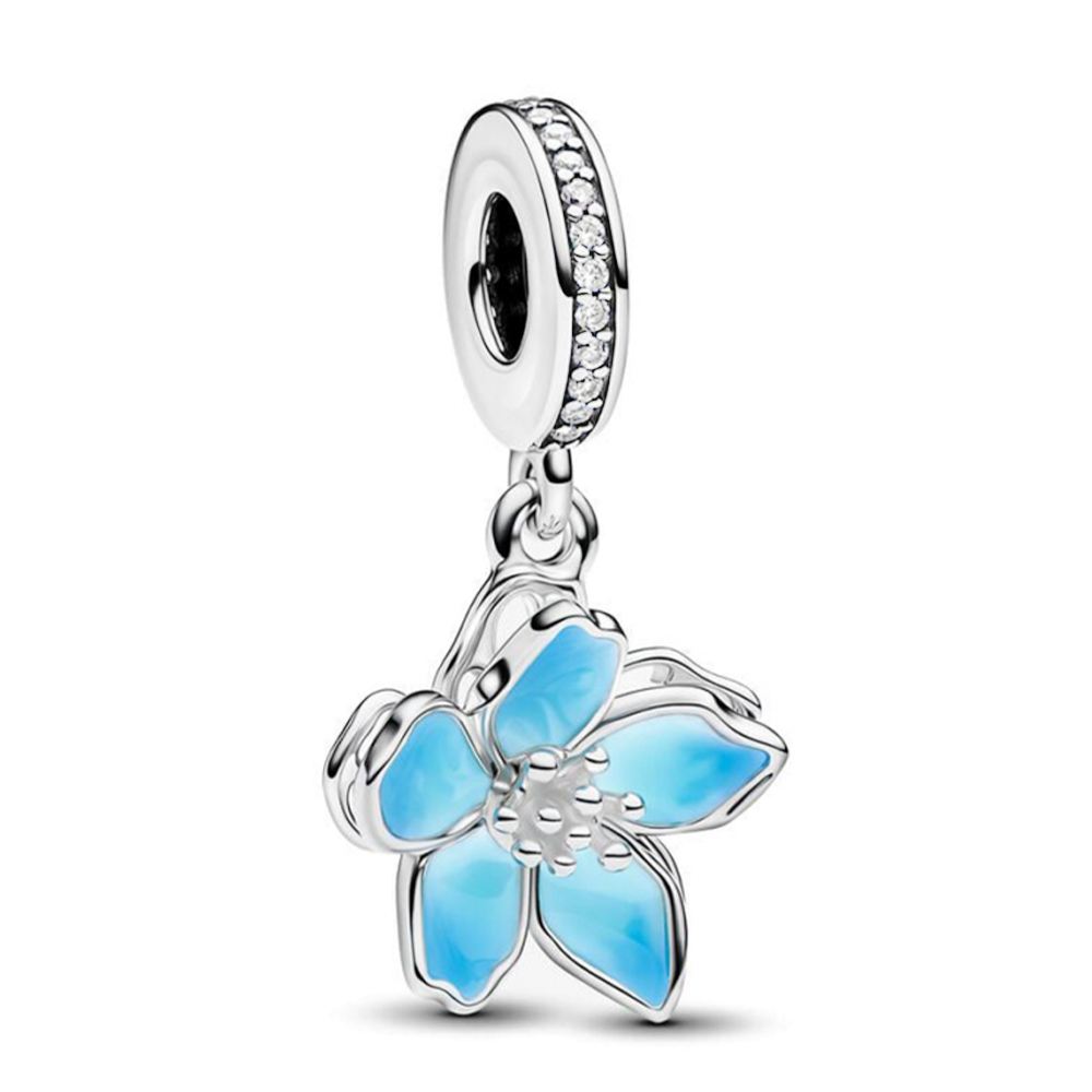 FewDook 2025 New Original Desgin Blue Cherry Blossom Dangle Charm & Rings Set Fit Pan Charms Bracelet Necklace DIY Women Summer Vintage Fine Jewelry G