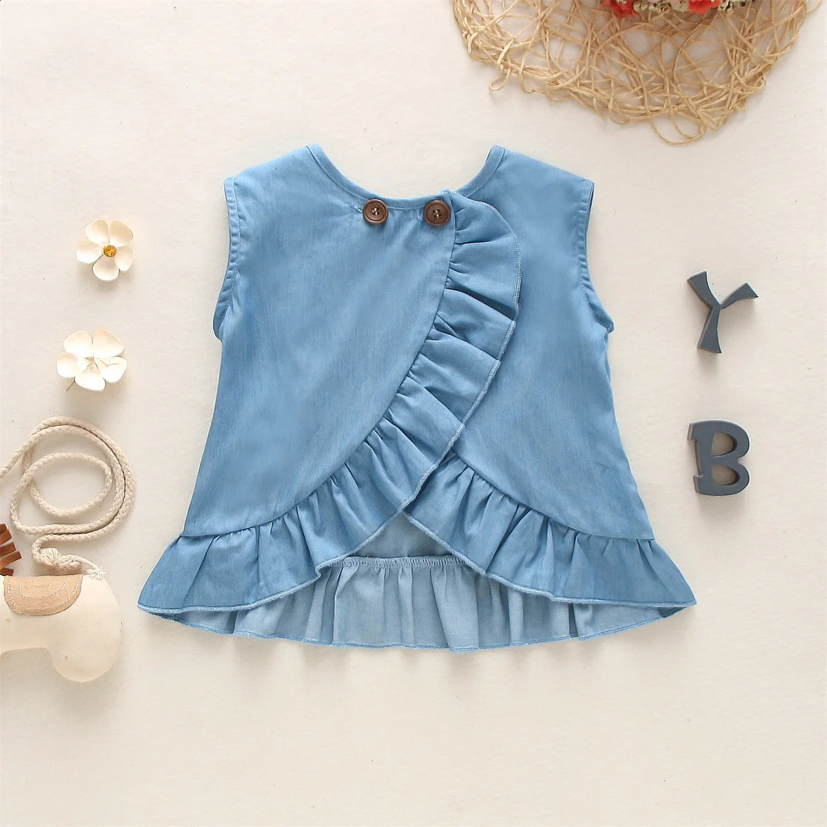 Summer Baby Top Simple Blue Girls Korean Style Sweet Childrens Sleeveless Clothes 03 Years Old 250517z