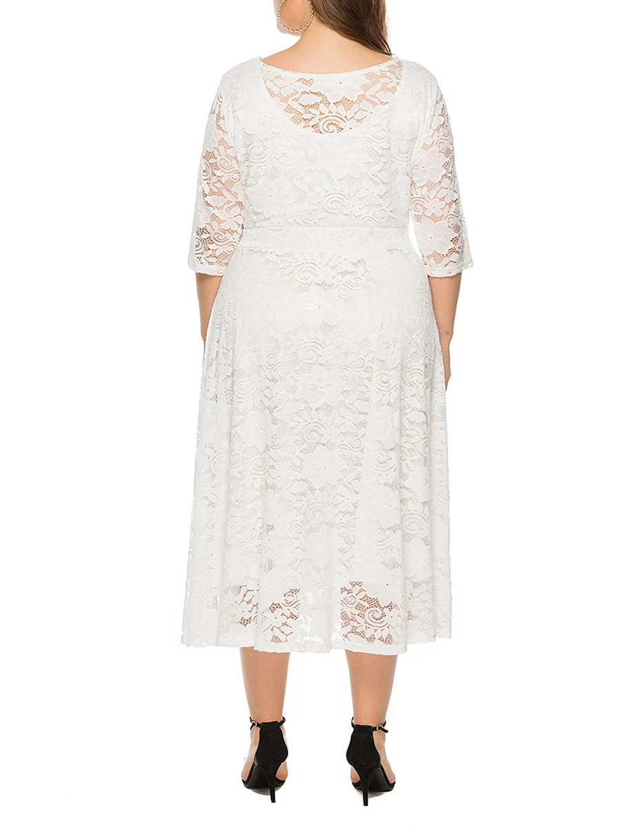 Elegant V-Neck A-Line Dress with Floral Lace Overlay and Pockets Perfect for Beach Parties and Evening Events in Plus Size 250520