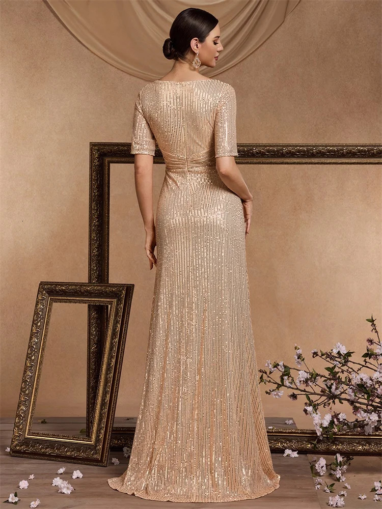 Floor Length V-Neck Evening Dress Women Elegant Party Maxi Sequin Short Sleeves Prom Cocktail Graduation Dress 250520