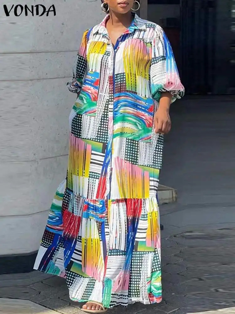VONDA Plus Size Bohemian Printed Dress Autumn Women Elegant Long Sleeve Vintage Maxi Sundress Casual Buttons Loose Robe 5XL 250519