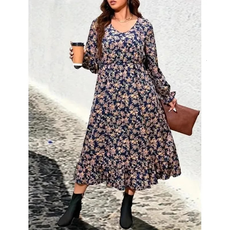 Plus Size 1XL-5XL Casual Dress Womens Plus Floral Print Lantern Sleeve V Neck Smock Dress 250520