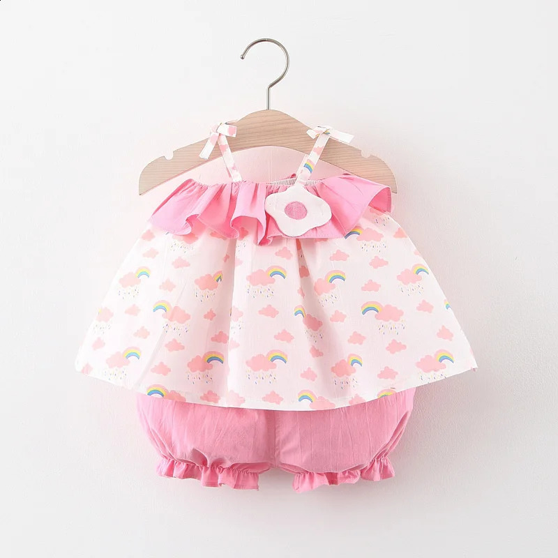 Summer 2piece set for girls baby top and shorts girl solid color lace cartoon rainbow cloud print suspender 250517z