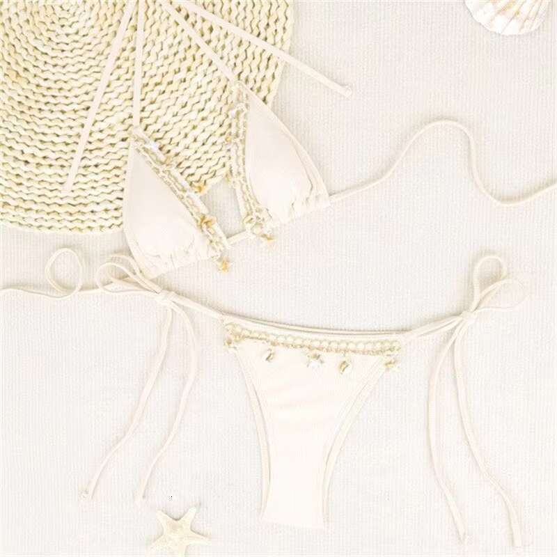 DHEssentials Shell Embellished Lace Bikini Set Sexy 3 Piece Triangle Swimsuit with Split Thong Bottom Beachwear for Women