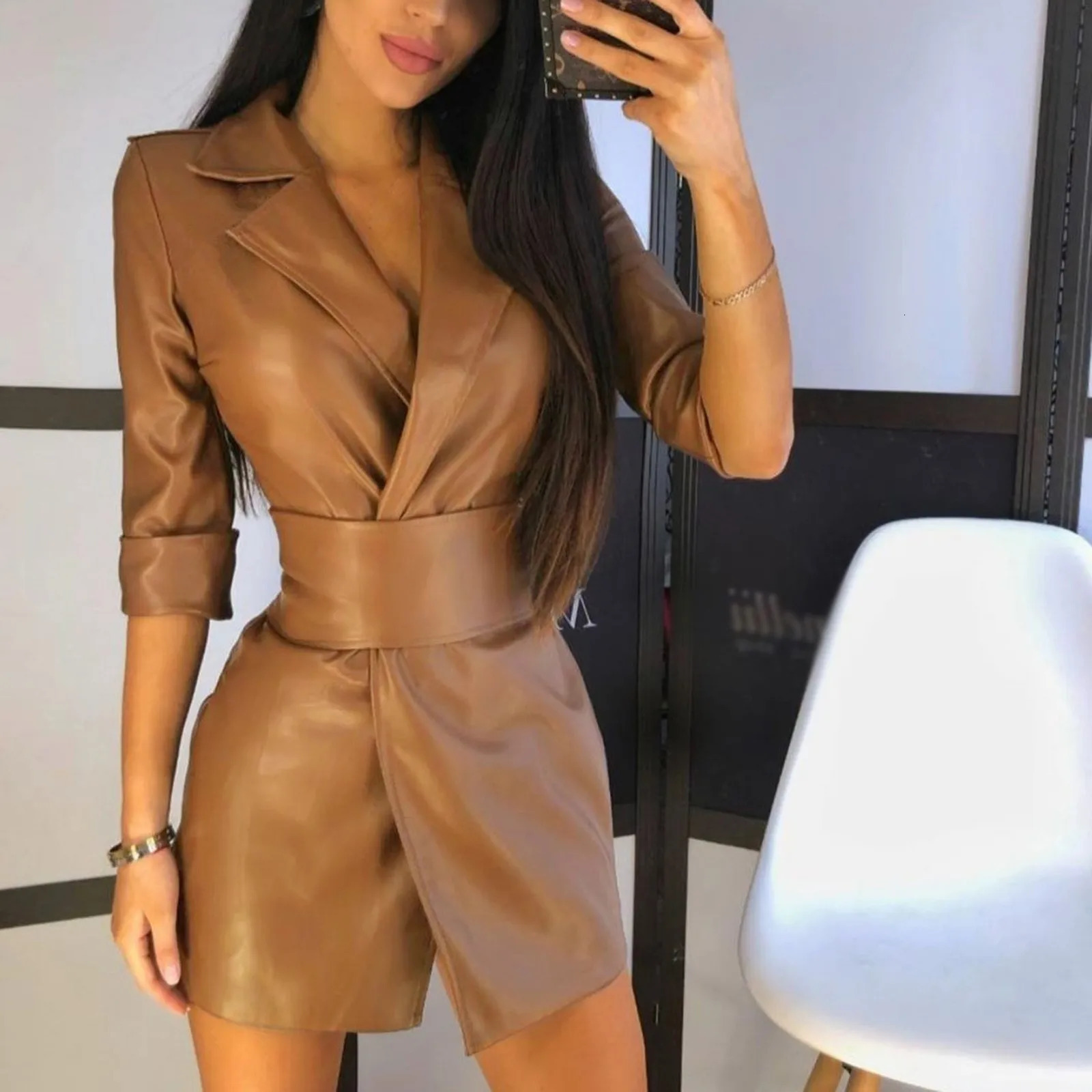 Sexy Women PU Leather Dress Long Sleeve V Neck Winter Bodycon Dress Blazer Mini Dress With Belt Office Ladies Elegant Dress 250517