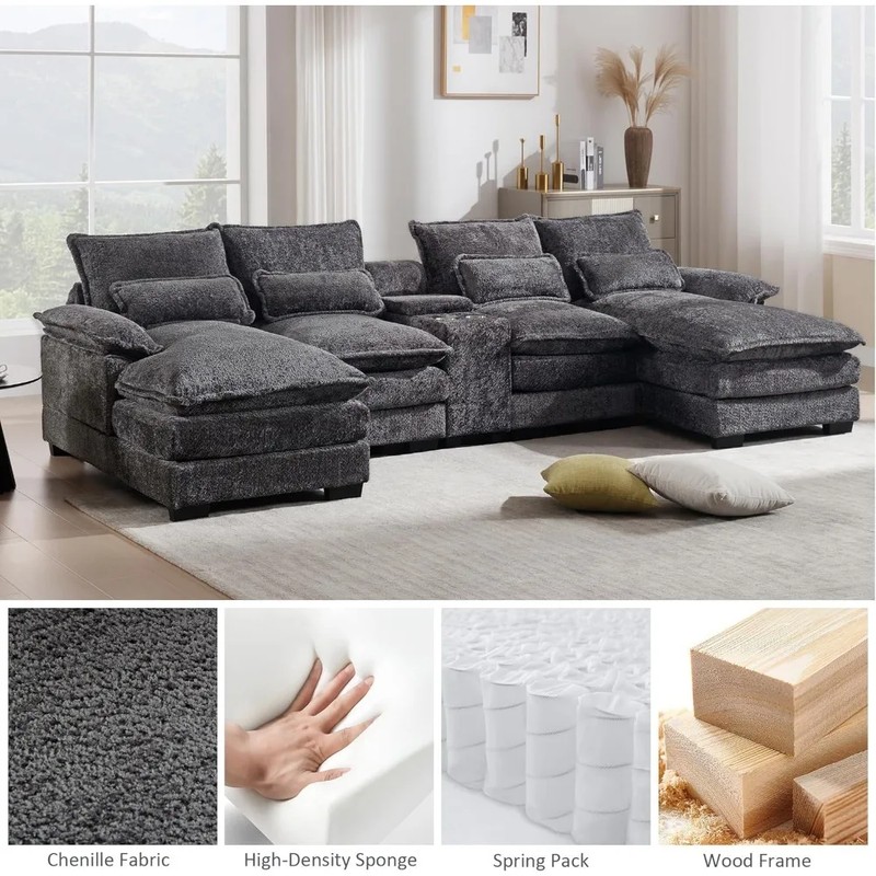 U-Shaped Modular Sectional Sofa, 124.8" Chenille Couch for Living Room, Grey Fluffy Sofa with Console Cupholders and USB