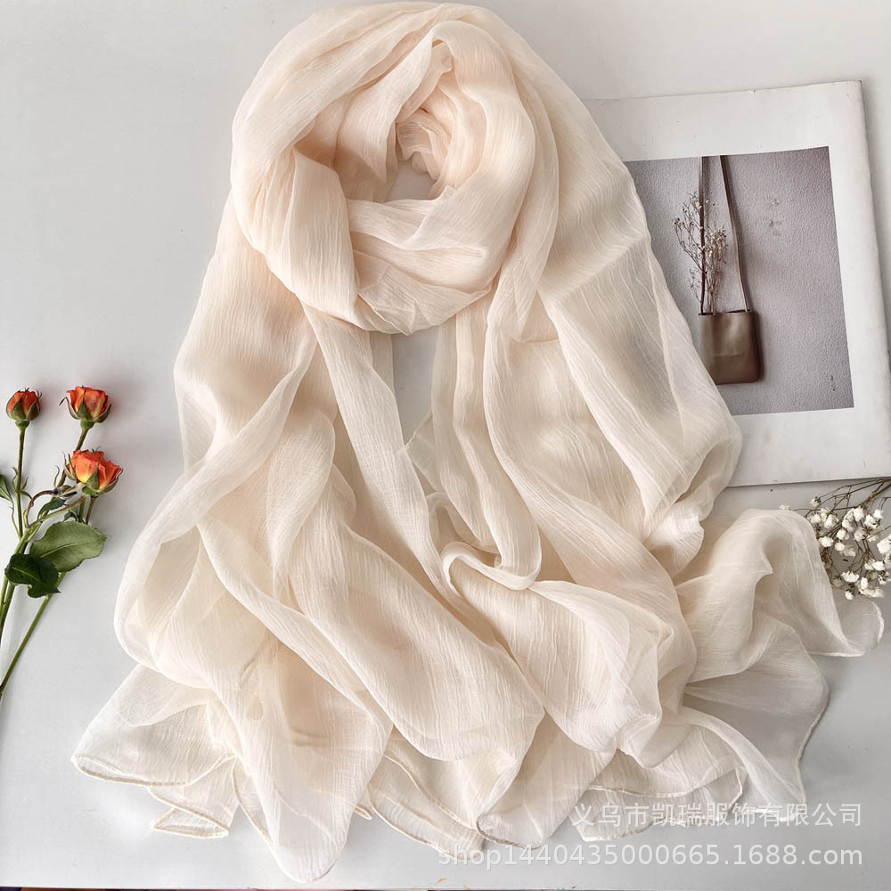 K787 Summer new pleated scarf women's super large sunscreen beach towel solid color soft retro slightly transparent skin-friendly shawl versatile