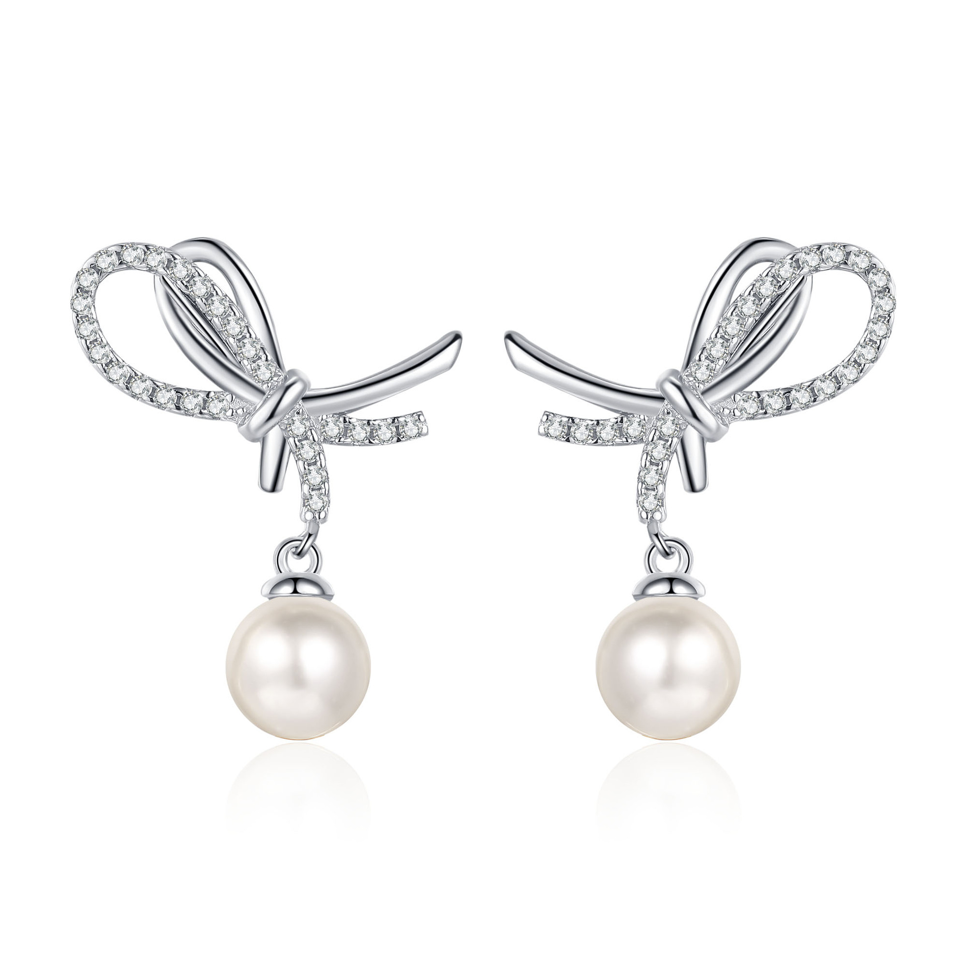 S925 Sterling Silver Moissanite Pearl Stud Earrings, Bow Design Sweet Chic Earrings, Minimalist High-End Jewelry