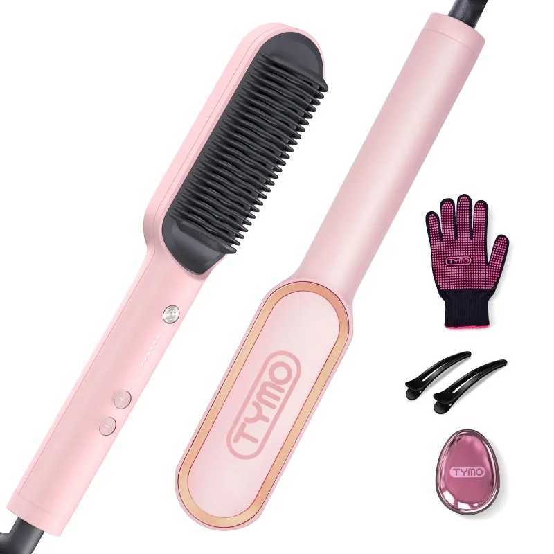 TYMO Ring Hair Straightener Brush Hair Straightening Iron with Built-in Comb Anti-Scald Dual Voltage Pink W250521