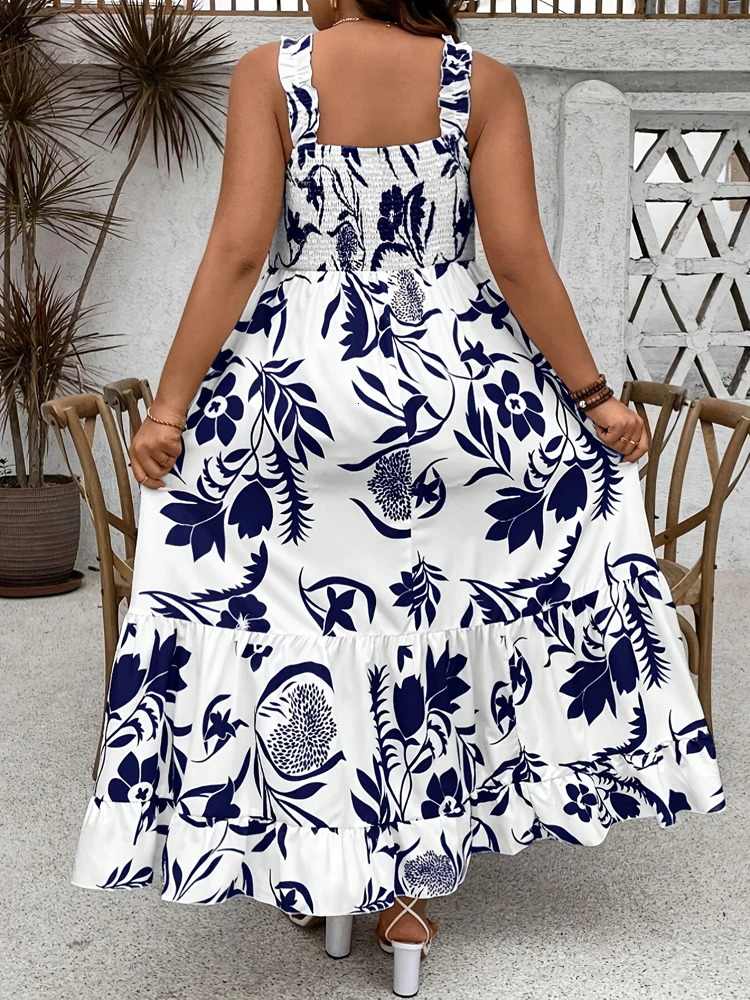 Plus Size Summer Holiday Floral Halter Dress with Ruffle Hem and Gathered Bust Plus Size Dress Polyester 250520