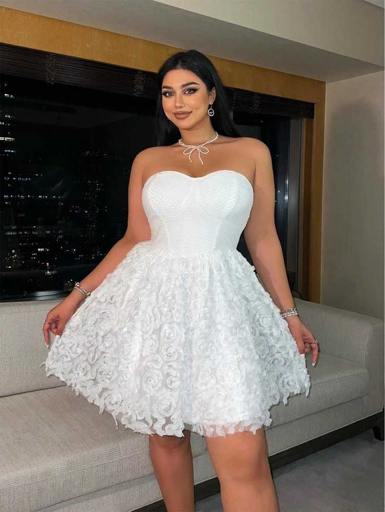 Plus Size Summer Models Elegant Three-Dimensional Flowers Net Yarn Patchwork Corset Dress Polyester Material 250520
