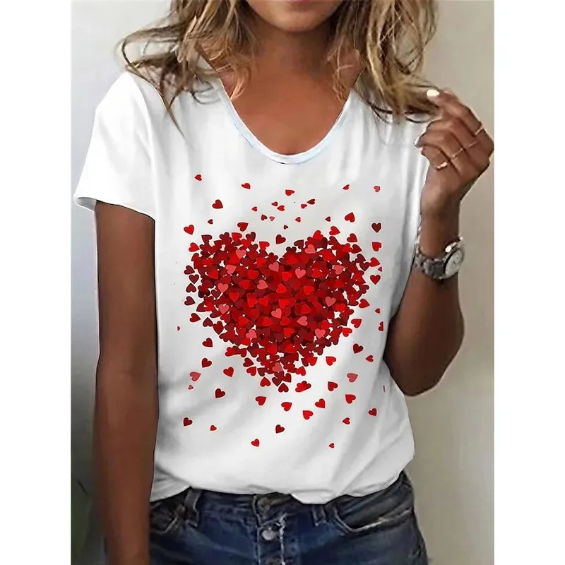 1PC Milk Silk European Style Womens Red Love Print V-neck T-shirt Blouse Short Sleeve 250517