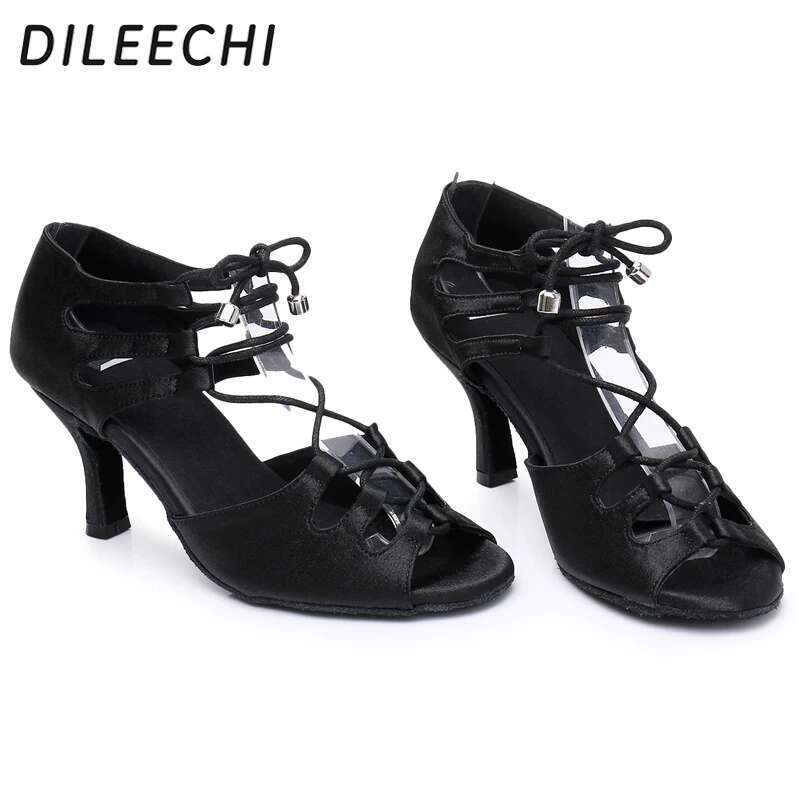 DILEECHI Black Satin Latin dance shoes Women Ballroom Dancing Shoes Wide/ Narrow Foot Salsa High-Heel Soft Outsole ust Width