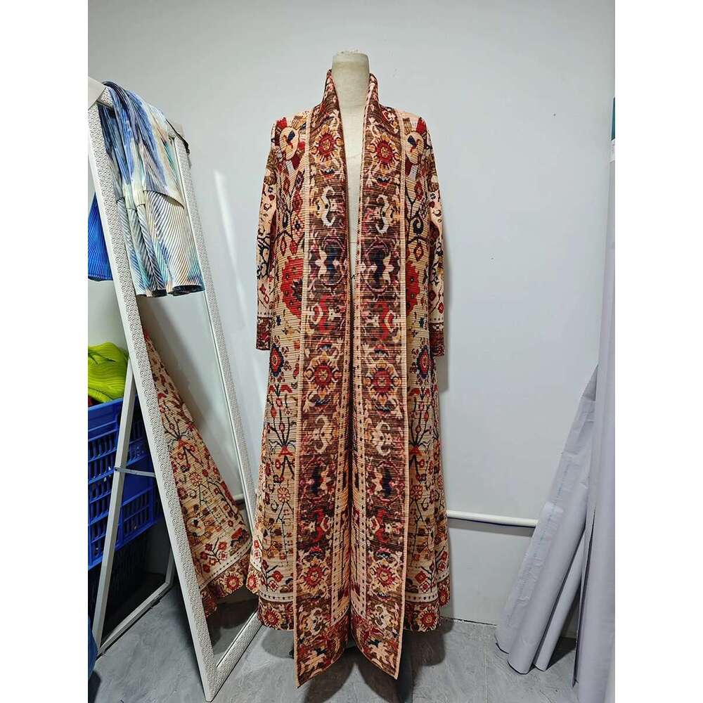Miyake Pleated Turndown Collar Sleeve Abaya Women 2025 New Autumn Winter Original Designer Dubai Fashion Printed Long Coats
