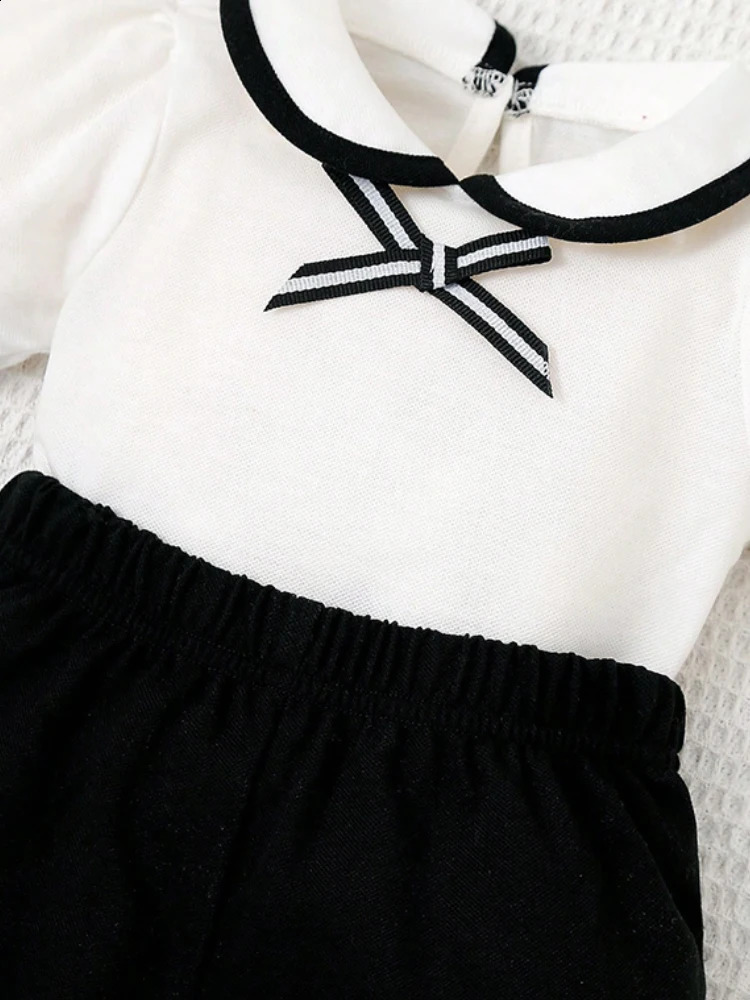 Babys Girl Bow Round Neck Short Sleeve Shorts Navy 2piece Set Child Accessories 250517z