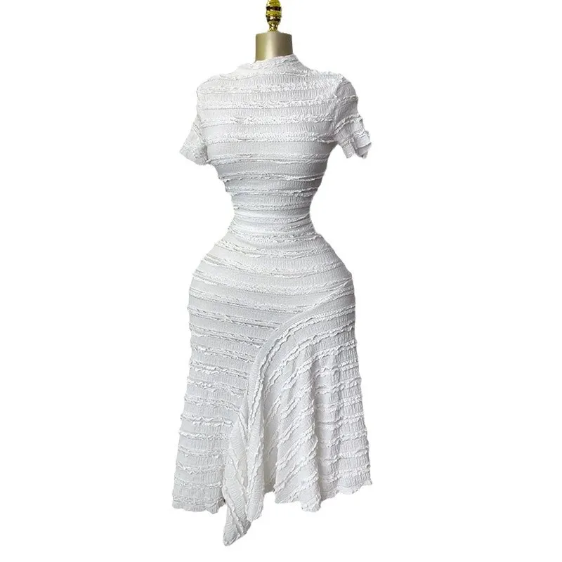 Women Dress Long Dresses Round Neck Vestidos Short Sleeve Party Bodycon High Waist Irregularity Elegant White Wedding Spring