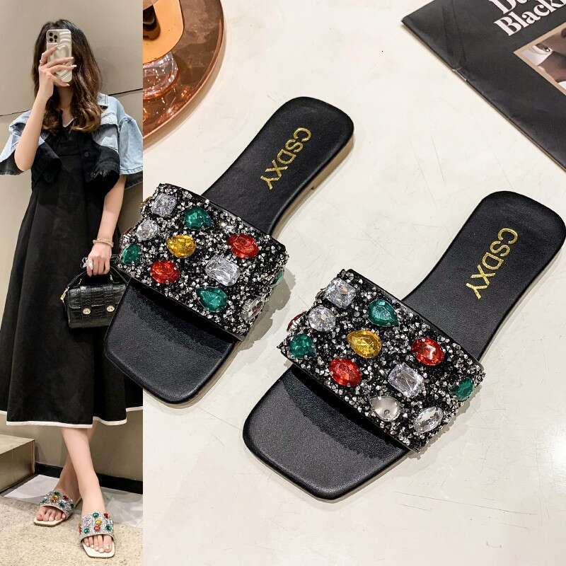 Designer Sandals Colored Gemstone One Word Casual Sandals Flat Slippers 2025 Summer Outdoor Fashion Beach Slippers