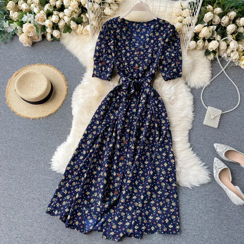 Silk Short Sleeve Dress Women's Waist Belt Slimming Youthful Large Swing Long Skirt V-neck Ankle-length Polyester Fiber