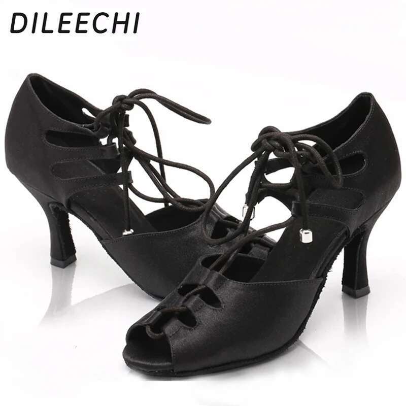 DILEECHI Black Satin Latin dance shoes Women Ballroom Dancing Shoes Wide/ Narrow Foot Salsa High-Heel Soft Outsole ust Width