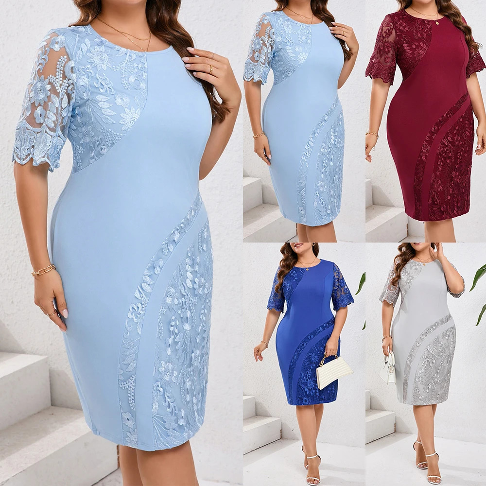 Plus Size Womens Elegant Lace Spliced Short Sleeve Bodycon Midi Dress Ladies Evening Party Cocktail Ball Gown Size 0XL-4XL 250520