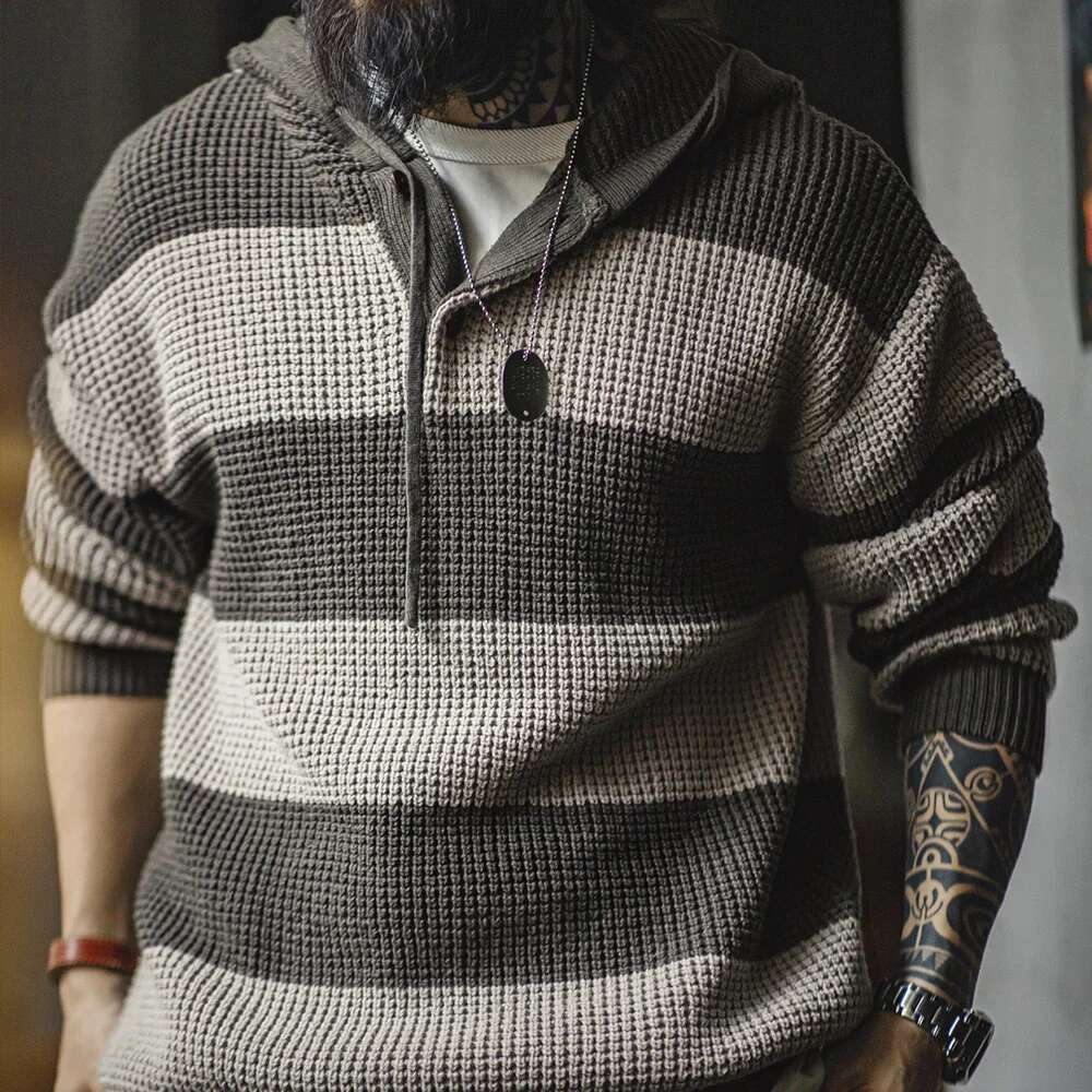 Maden Casual Striped Knit Hoodie With Wooden Button Collegiate Style Fall And Winter Tops For Men's Loose Pullover Sweater 250524