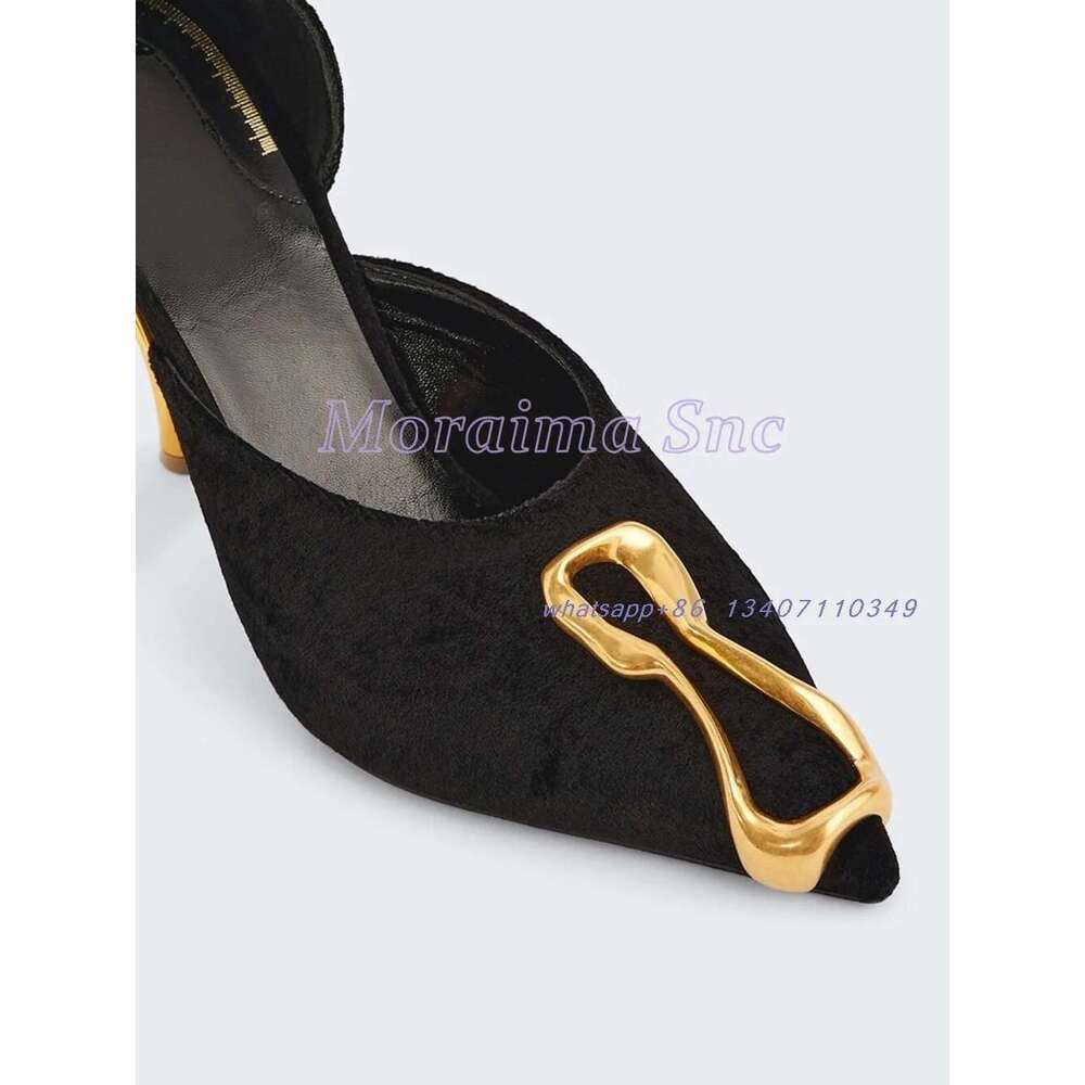 Metal Decor Pointed Toe Sandals Strange Heel Slip On Shallow Black Solid Sexy Fashion Women's Dress Shoes Banquet Party Runway