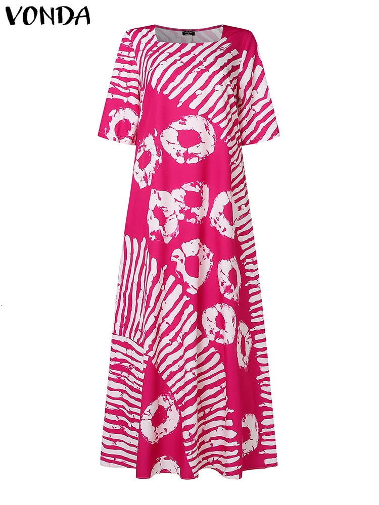 Plus Size Women Bohemian Maxi Dress Summer Printed Long Sundress VONDA Beach Party Vestidos Half Sleeve Casual Loose Robe 250520