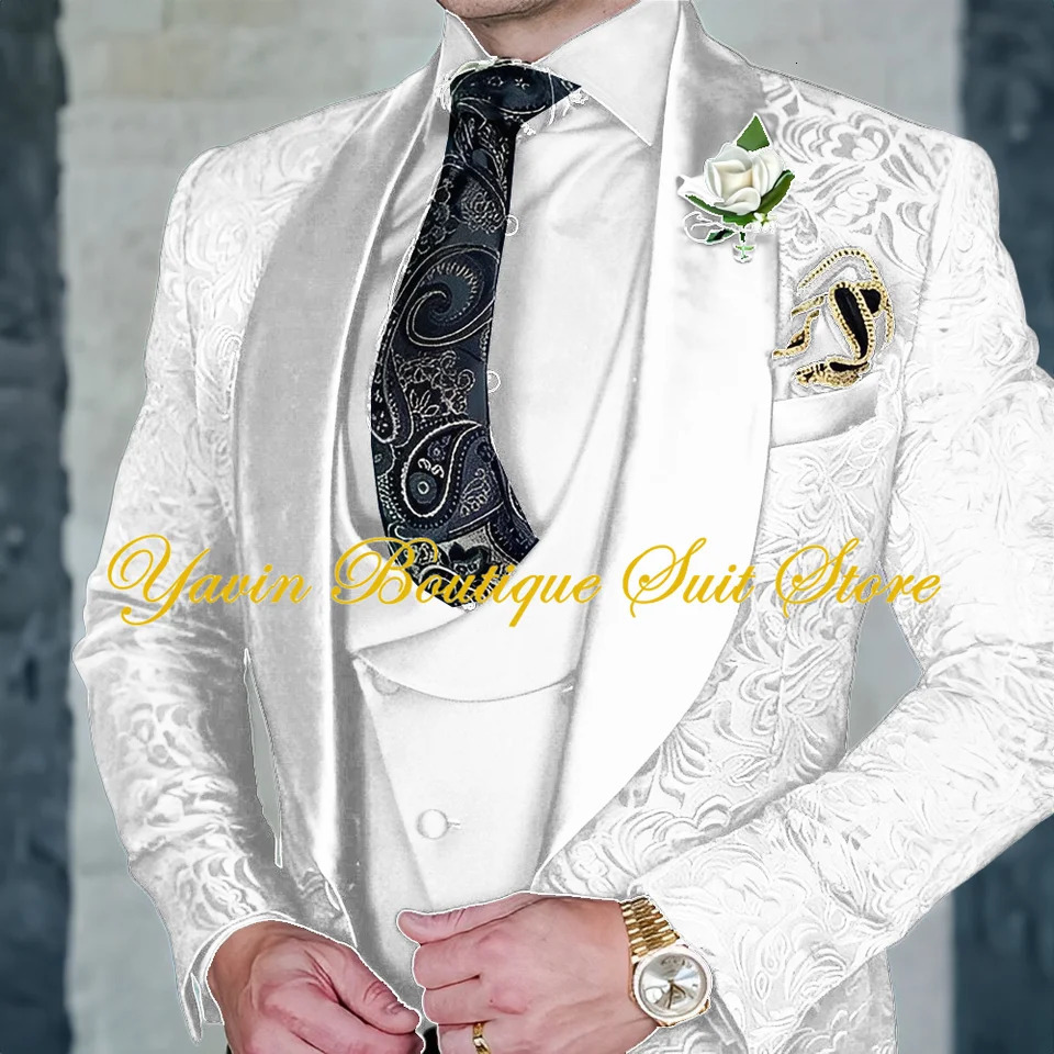 Jacquard Mens 3-piece Suit Set Floral Pattern Party Dress Formal Grooms Tuxedo Elegant Mens Blazer Customized Outfit 250517