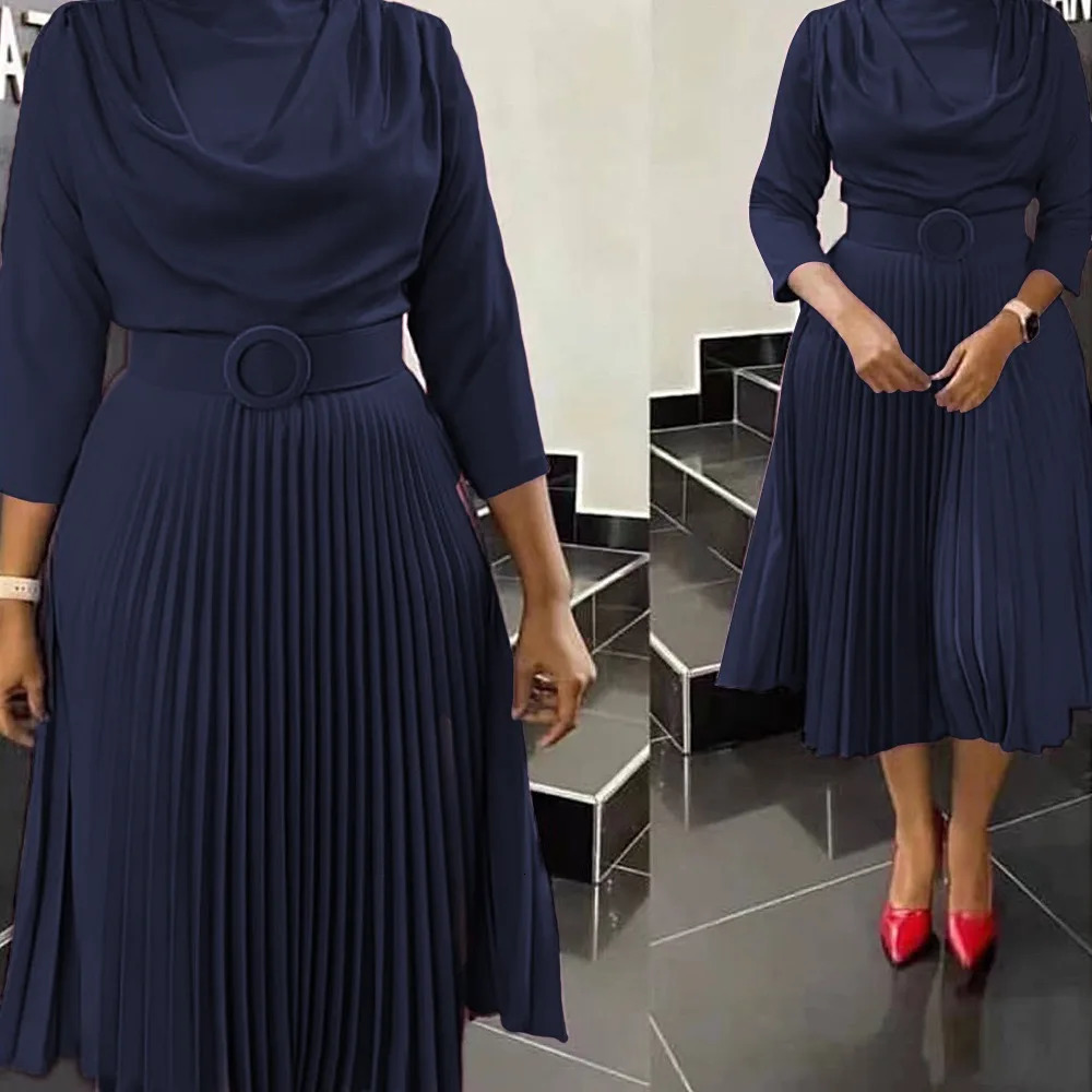 Elegant Office Dress Pleated for Women Professional Round Neck Full Sleeve Belt Waisted Mid Calf Formal Business Work Dress 250520